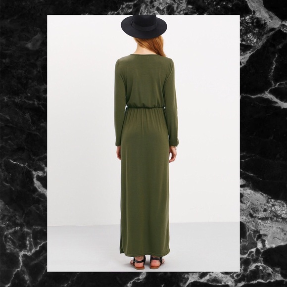 ARMY GREEN LONG SLEEVE POCKETS MAXI DRESS - Picture 3 of 5